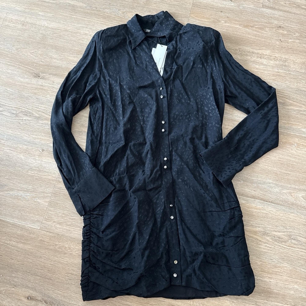 NWT Zara Long Black Button-Up Shirt Dress Medium